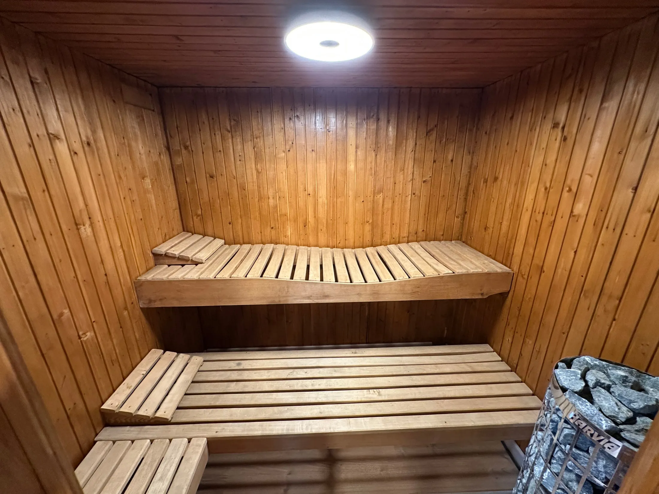 L’intérieur du sauna en bois blond, banquettes sculptées